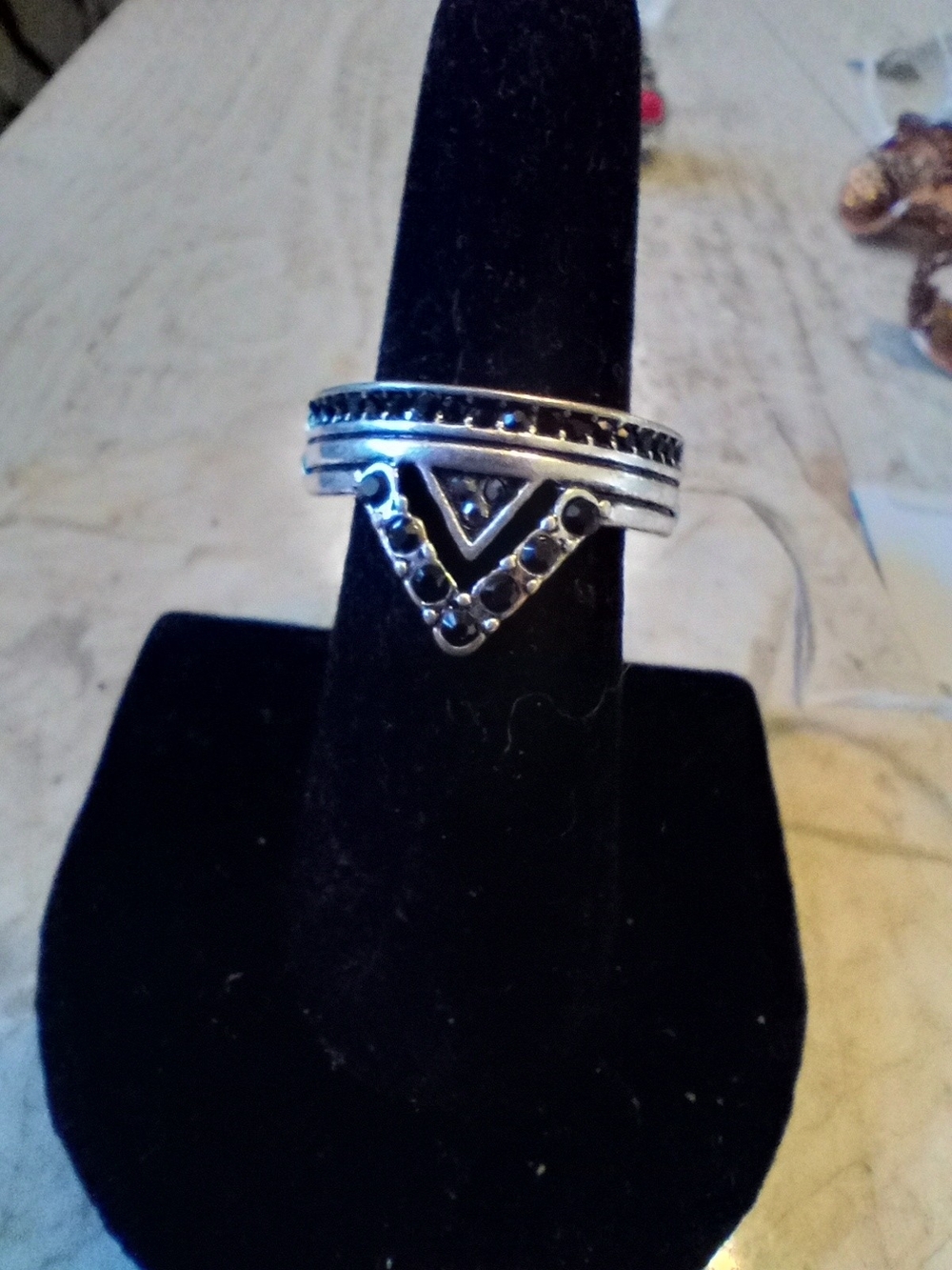 Sterling-Tone V Chevron Ring with Black Accents